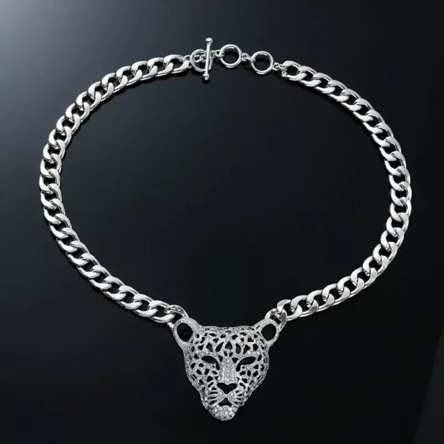 Leopard Charm Iced Cubic Zirconia Silver Plated Cuban 18" Choker Chain Necklace