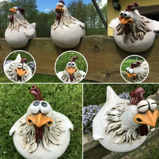 Harz Gartenfigur Große Augen Huhn Henne Hahn sitzend weiß Dekofigur Tierfigur DE