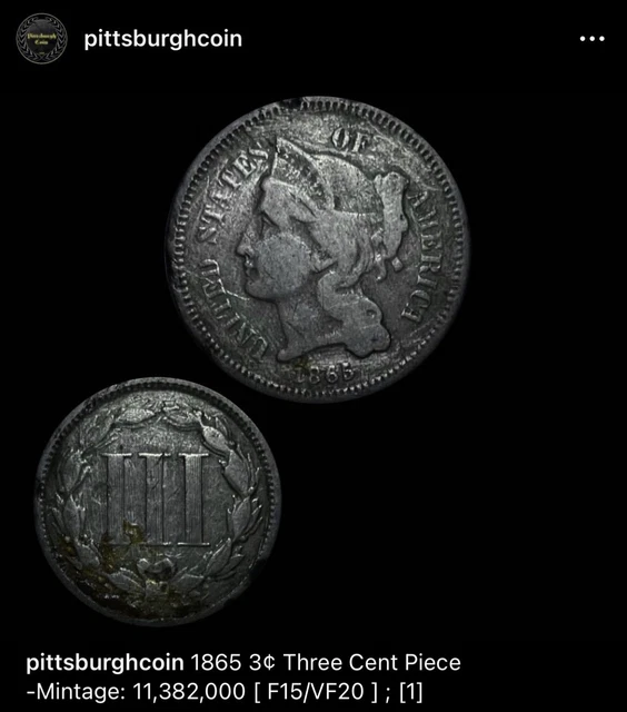 ☆ 1865 Three Cent Nickel 3¢ | Three Cent Piece - VF - STRONG REVERSE [#1]