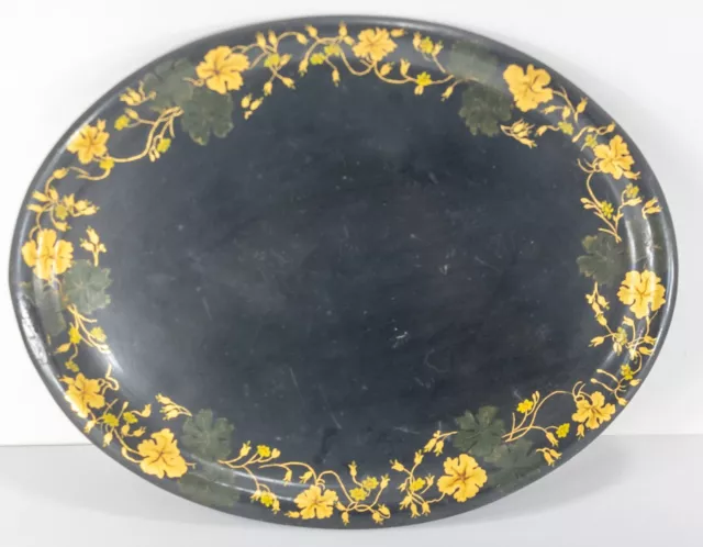 Antique Vintage Painted Toleware Platter Tray with Gilt Leaves Repaired As Is
