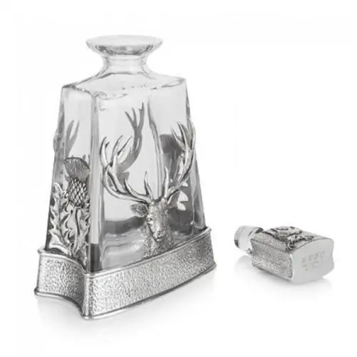 Stunning Pewter Stag & Scottish Thistle Glass Pyramid Crystal Whisky Decanter