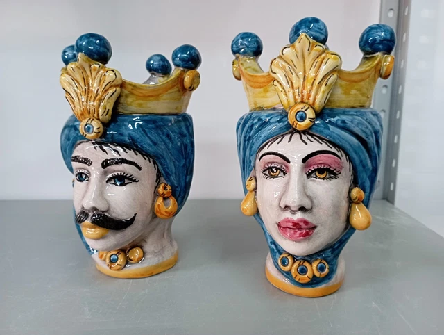 Teste Di Moro blu giallo cm20 ceramica di Caltagirone