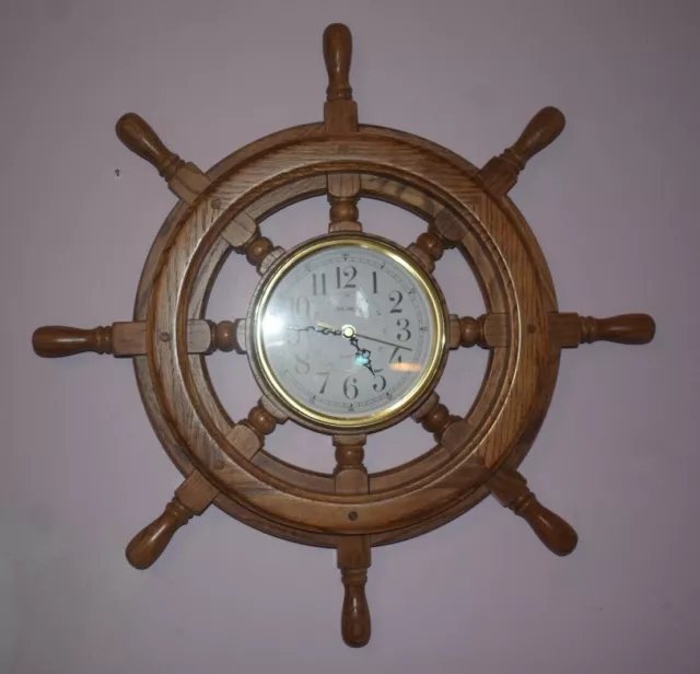 Solid Oak Captain Wheel Helm Clock/Nautical/Verichron/Harris & Mallow/Works/20"