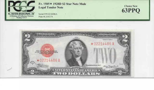 Fr. 1505* 1928D* PCGS 63 PPQ Mule Legal Tender Red Seal $2 Star Note Choice New