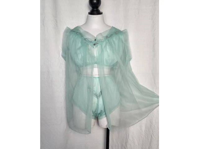 1960S VINTAGE PANDORA blue nylon chiffon 3pc lingerie set boudoir bra ...