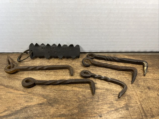 LOT OF 5 HAND FORGED WROUGHT IRON HOOKS & LATCHES 1 Unique Key Chain Estate Sale