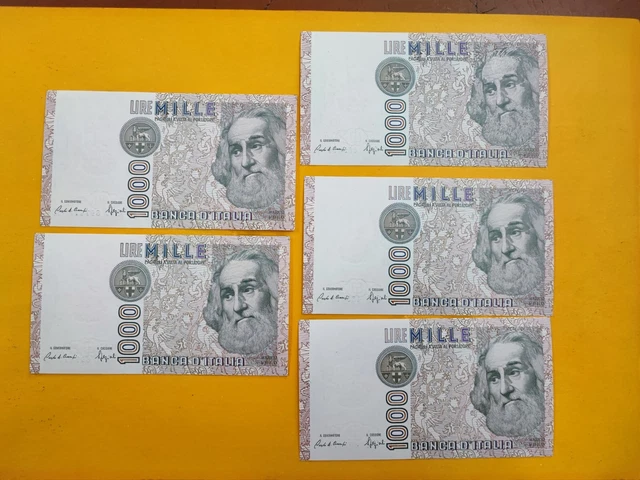 Lotto 5 banconote 1.000 lire Polo 1988 tris + coppia consecutive Non circolate
