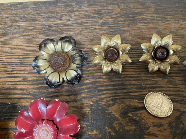 8 VINTAGE 1920's  METAL  & GLASS FLOWERS  CURTAIN  TIE  PIN  BACKS 2