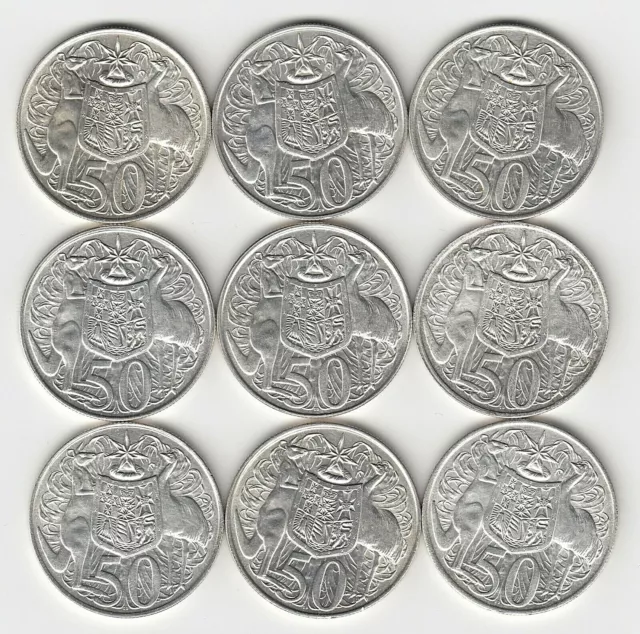 1966 (80% SILVER) AUSTRALIA ROUND FIFTY 50 CENT COINS x 9 - NINE GREAT COINS
