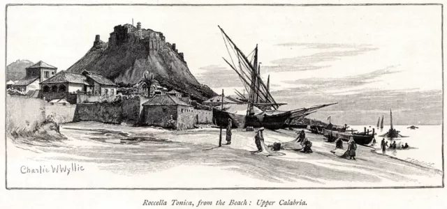 Roccella Ionica: Panorama. Reggio Calabria. Stampa Antica + Passepartout. 1880