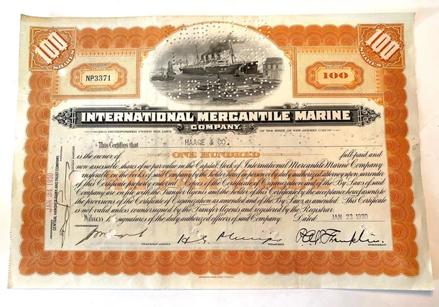 1930 INTERNATIONAL MERCANTILE MARINE CO. Stock Certificate Owned the RMS Titanic