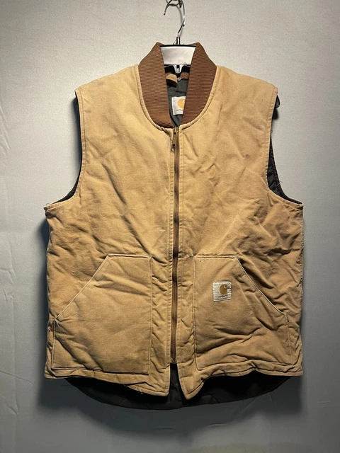 VTG Carhartt Sz L Brown Duck Canvas Arctic Quilt Insulated Vest Made In USA