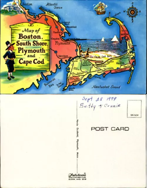 Map Boston South Shore Plymouth Cape Cod MA compass pilgrim chrome 1970s