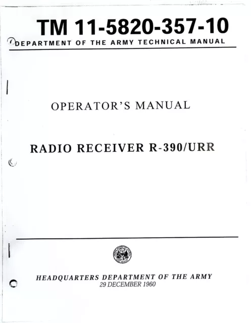 Army Single Sided Photocopy Operator's Manual For The R-390/Urr Radio Receiver