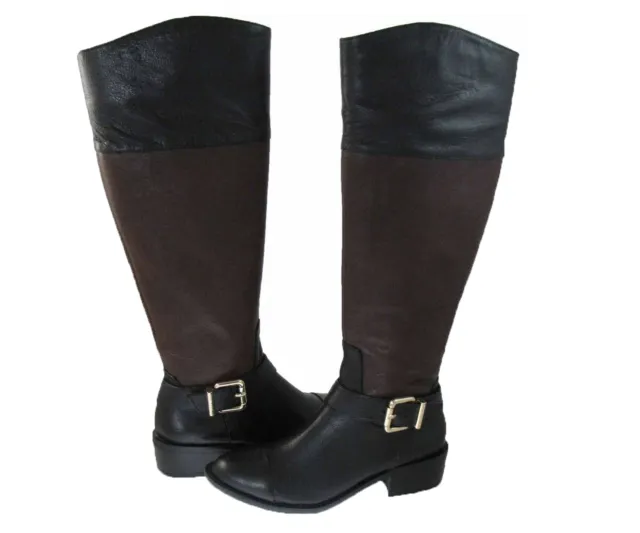 Vince Camuto Womens Leisha Tall Equestrian Black & Brown Side-Zip Riding Boots