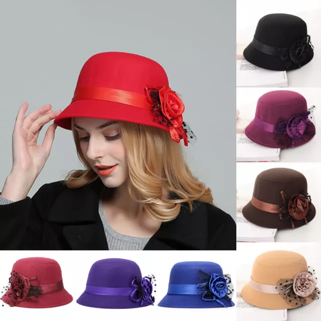 Women Flower Wool Felt Bucket Hat Cap Winter Warm Cloche Church Bowler Hats