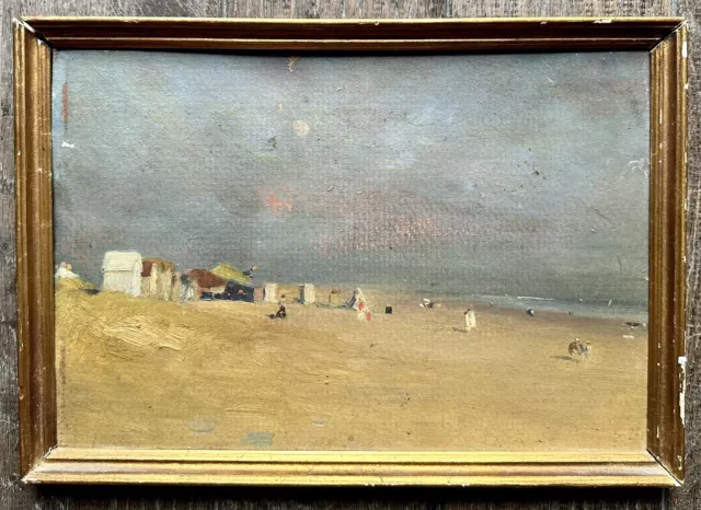 Tableau Ancien Plage Animée Bord de Mer Normandie Peinture Annotée Eugène BOUDIN