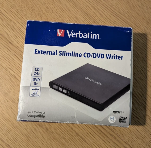 VERBATIM 98938 EXTERNAL Slimline CD/DVD Writer Black USB Cable Included ...