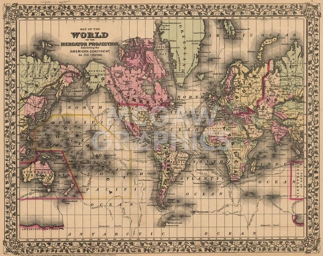 MAP OF THE World, 1867 by Ward Maps Art Print Vintage Antique Poster