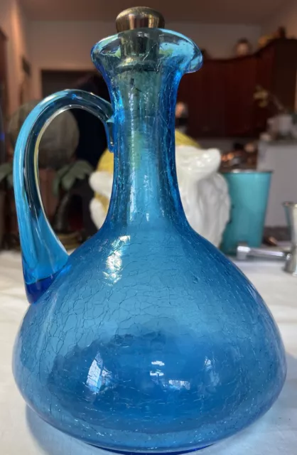 Vintage  Turquoise Crackle Glass Decanter  MCM