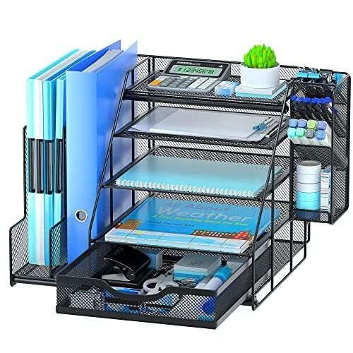 Office Desk Organizer with Vertical File Folder Holders 5-Tier Paper Letter Tray