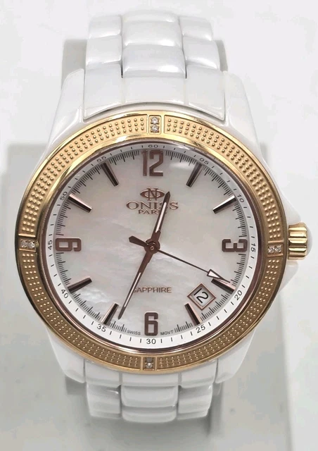 ONISS PARIS WHITE Ceramic MOP Day Date Watch 38mm Sapphire  display picture 1