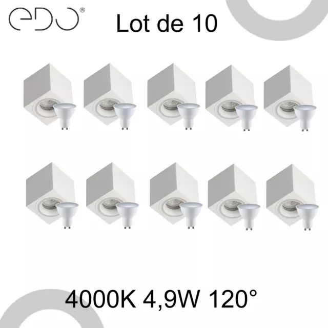 Lot de 10 Spot de plafond HALIS Blanc Carré+ 10x Ampou 4,9W 120° 4000k