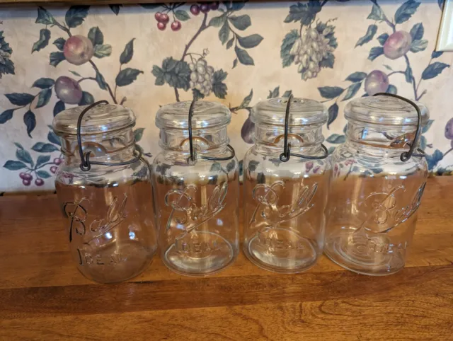 4- Vintage Ball Ideal Quart Clear Fruit Jars With Glass Lids Wire Clamp