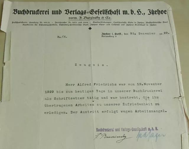 Zeugnis ITZEHOE 1929: Buchdruckerei & Verlagsgesellschaft für SCHRIFTSETZER