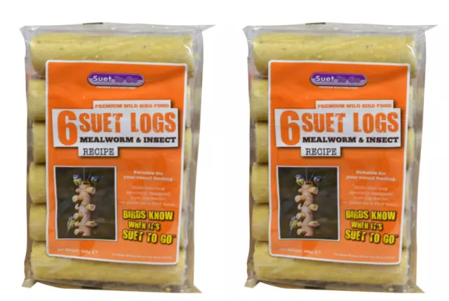 2 x 6 pack SUET TO GO LOGS MEALWORM INSECT SUET LOGS FEED WILD BIRD GARDEN FOOD