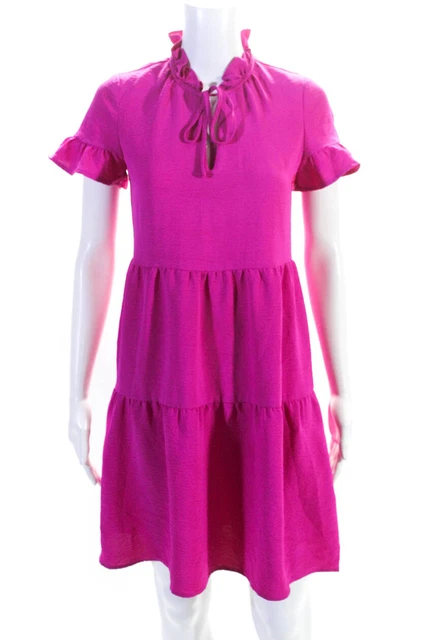 DKNY Women's Ruffle Collar and Sleeve Tie Neck Tiered Dress Fuschia Size 0