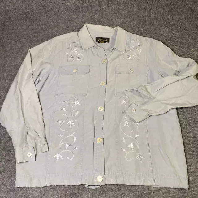 Mureli Shirt Men's Large Denim Embroidered White Floral Button down Shirt