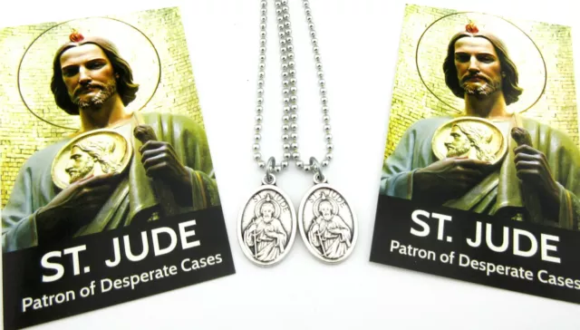 2 pc Lot St Jude Religious Medal Necklace,Silver Plated,No Tarnish Chain