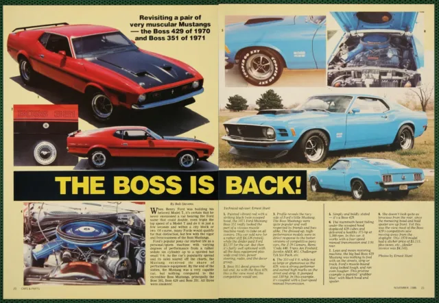 Ford Mustang 1970 Boss 429 1971 Boss 351 Specs Vintage Pictorial Article 1986