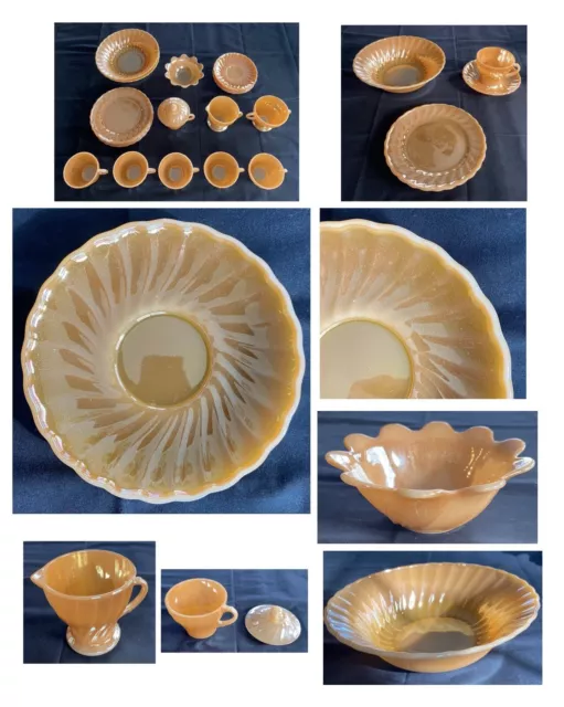 VINTAGE Fire King Anchor Hocking Dinnerware PEACH LUSTER SWIRL 60s  19-Piece Set