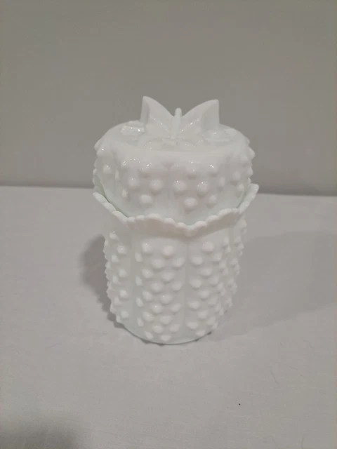 Vintage FENTON White Hobnail Milk Glass Jar Candy Dish With Butterfly Lid 6"X 4"