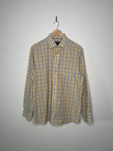 Gazman Men's Yellow Blue Plaid Check Button Up Long Sleeve Light Shirt Size L