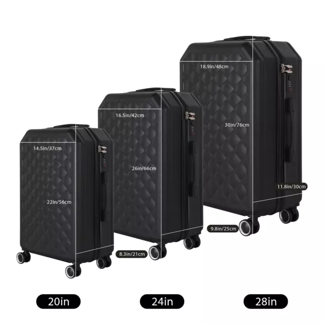Black Luggage 3Piece Set Suitcase Spinner Hardshell Lightweight Spinner TSA Lock 3