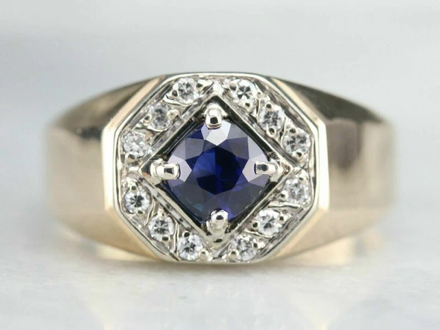 Men's 0.90Ct Round Blue Sapphire & Diamond Real 14k Yellow Gold Statement Ring