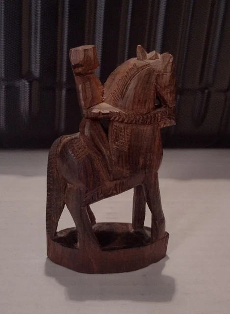 HANDCARVED Wooden Man on Horse Figure Doll RARE Folk Art Wood Original Brown