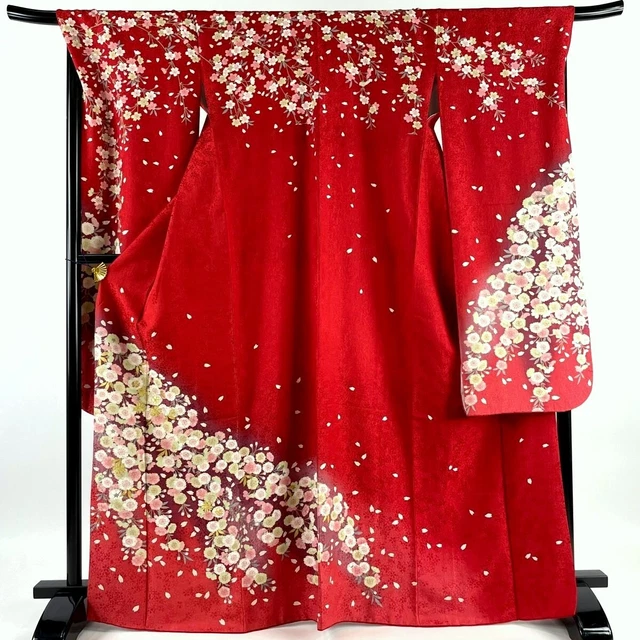 Japanese kimono SILK"FURISODE" Foil, SAKURA, Gold leaf, Large size,L5' 6"..3424