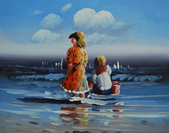 TABLEAU PEINTURE HUILE sur toile: Paysage de Mer, 2 Enfants sur la