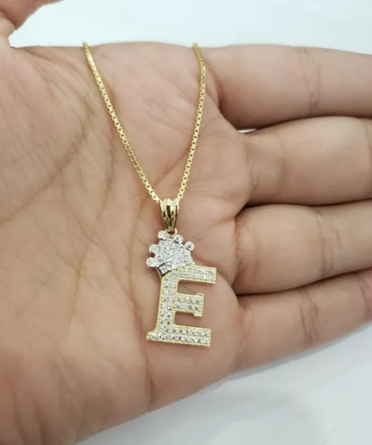 10k Yellow Gold Crown Initial Alphabet Letter E  Pendant Charm CZ Free Chain