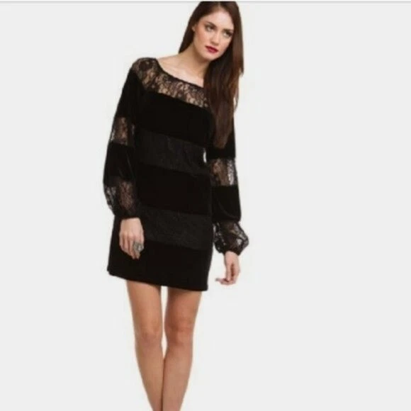 Laundry by Shelli Segal Black Velvet & Lace Long Sleeve Dress Size 2