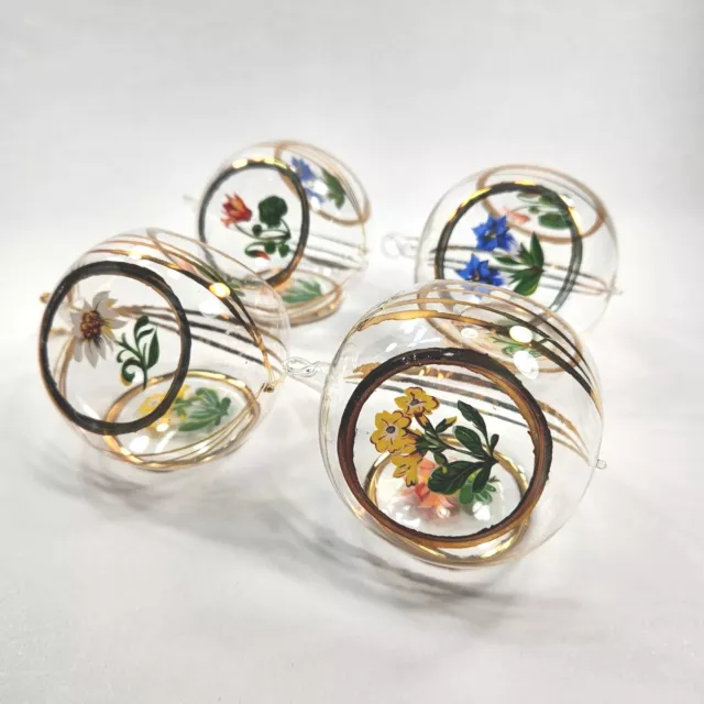 Handblown Glass Christmas Ornaments 3 Concave Flat Sides With Flower Transfers