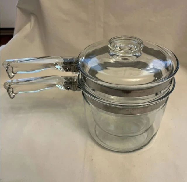 VINTAGE PYREX FLAMEWARE Glass Double Boiler w/ Lid Saucepan