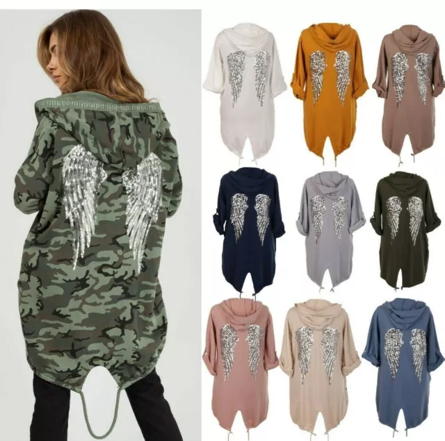 Women's Sequin Angel Wings Back Oversized Hoodie Sweatshirt Jacket Coat Cardigan