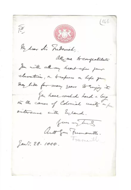 1868 Original Letter General Freemantle To Sir Frederick Young On Knighthood