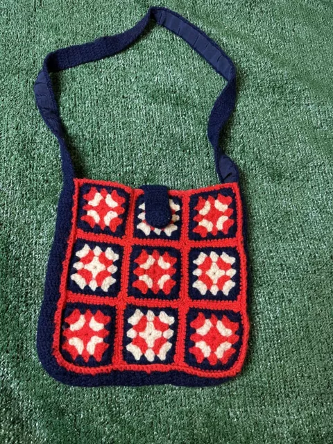 Vintage Granny Square Tote Bag Handmade 35” Handle Red White And Blue Purse