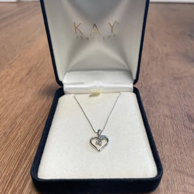 KAY 10k White Gold Heart With Two Diamonds And  10k White Gold Chain